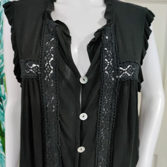 Made in Italy Whimsy Boho Black Lace Trim Ruffle Button Up Sleeve Blouse - Picture 4 of 10